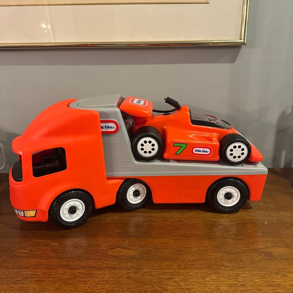 Little Tikes Racing Team Hauler Transport Truck and Race Car Set Orange Vintage - Picture 3 of 13